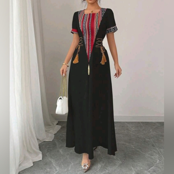 Vintage Pattern Patchwork, Arabic Style, Print, Tassel, Fitted A-Line Midi Dress - Picture 3 of 6